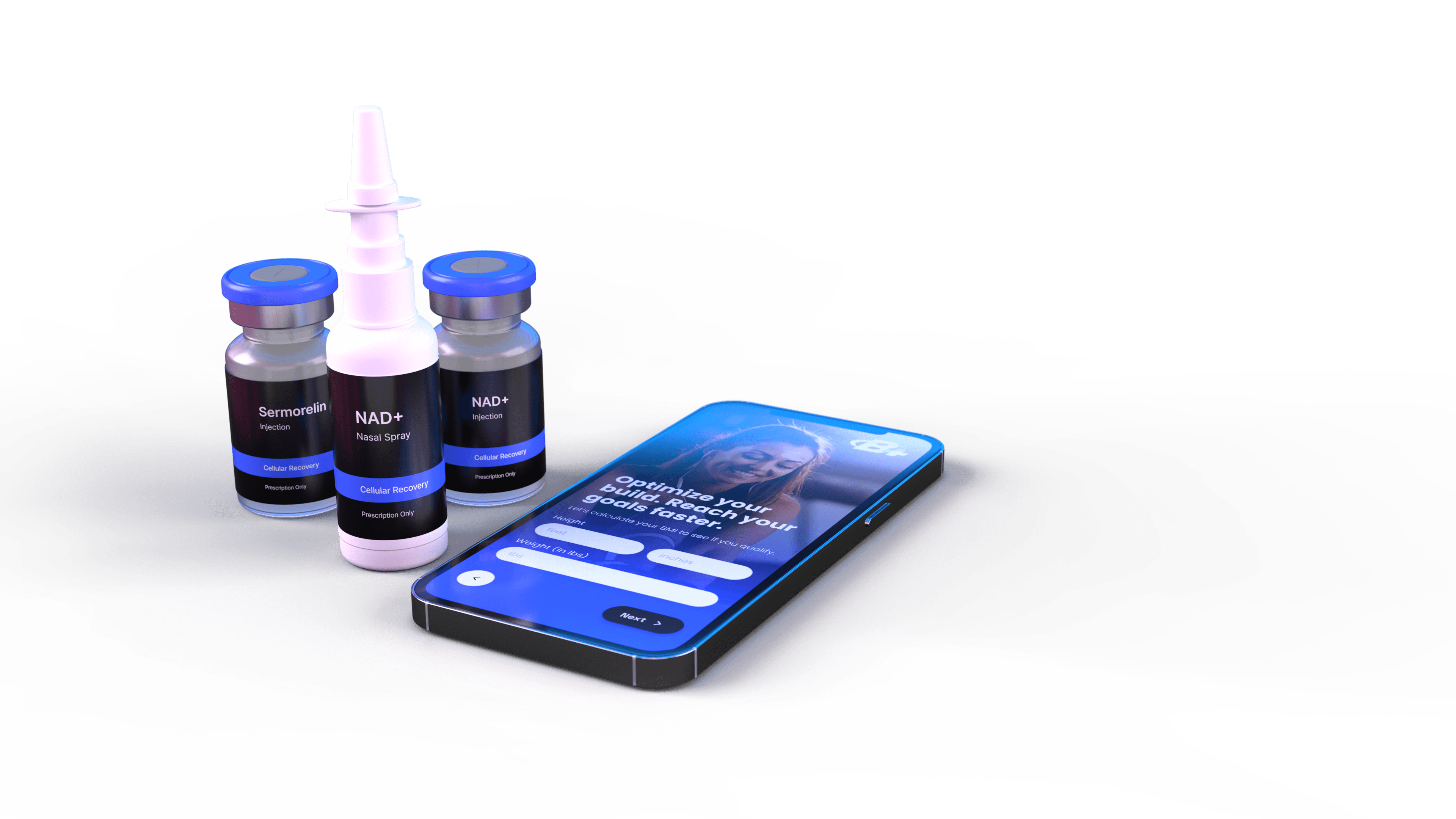 NAD+ and Sermorelin vials with the Bodybuilding Health+ app